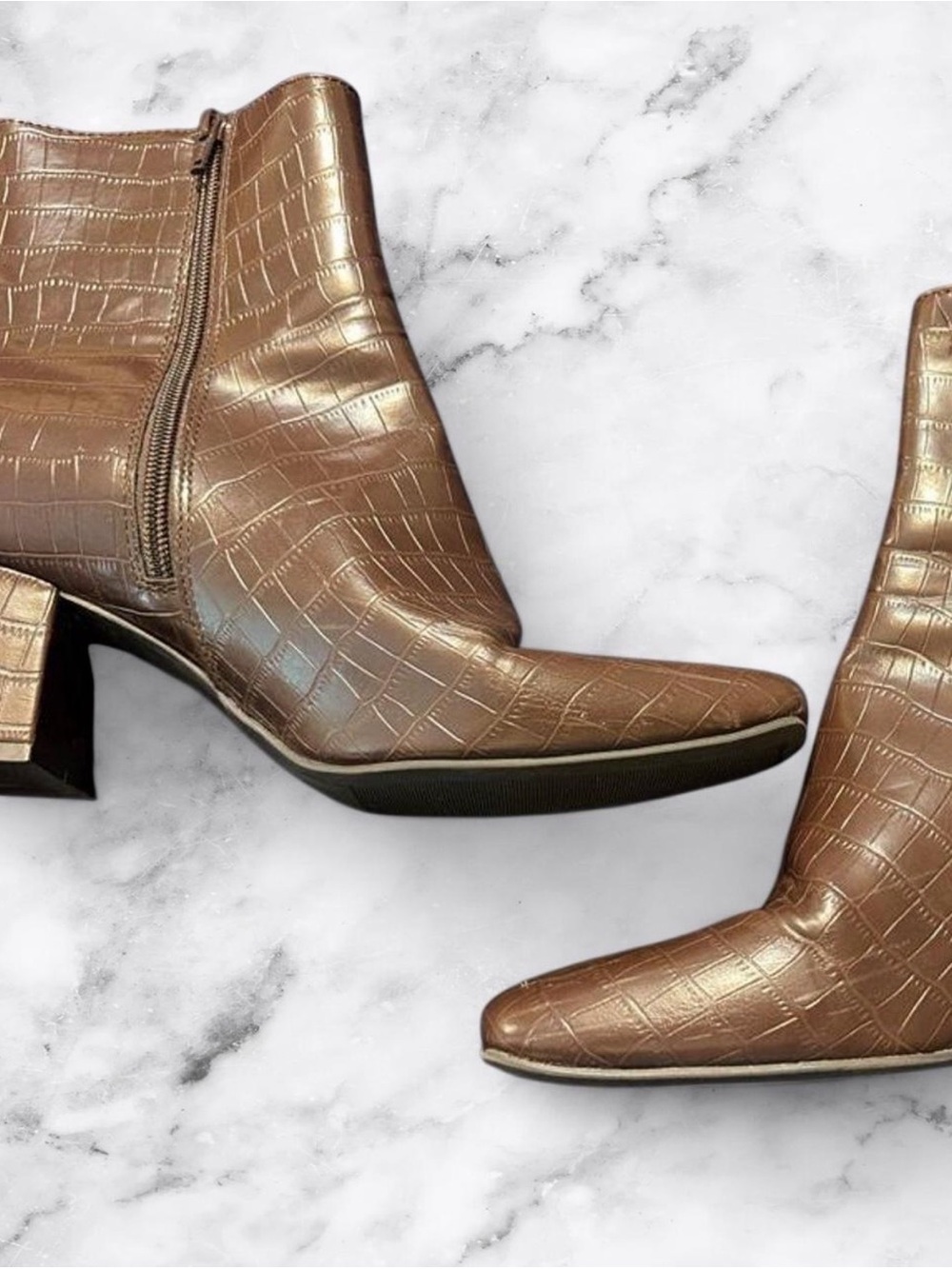 Brown Croc-Embossed Ankle Boots - Women's